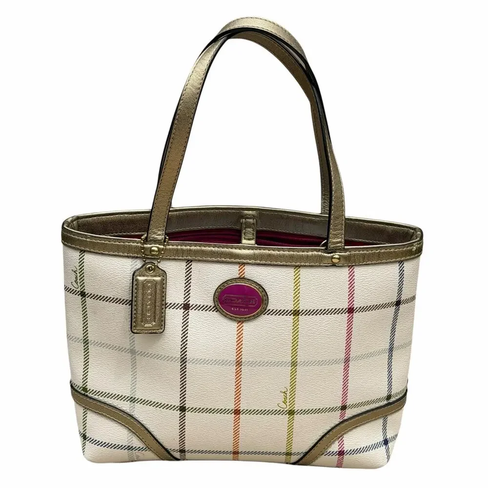 Coach Peyton Small Tattersall Plaid Tote Coated Canvas Leather Trim F48586